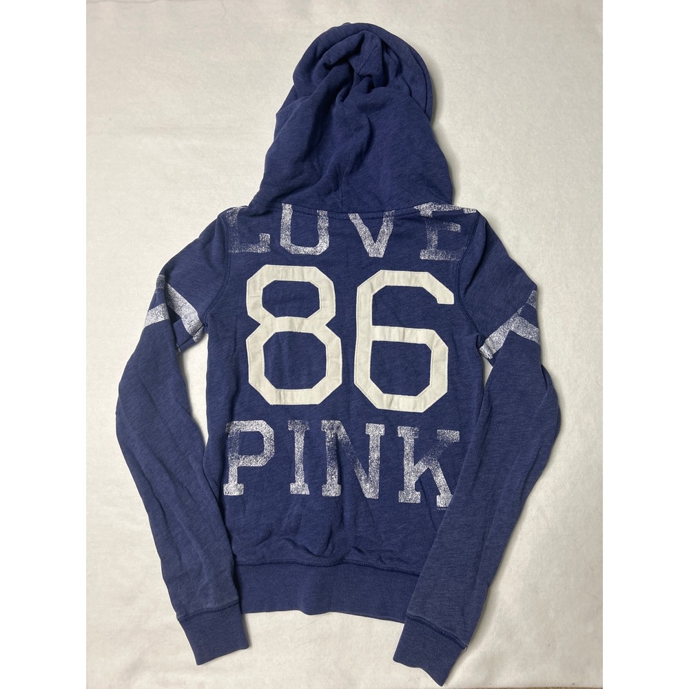 PINK Victoria's Secret 2011 Full Zip Hoodie Blue Back Logo Striped Sleeve XSmall